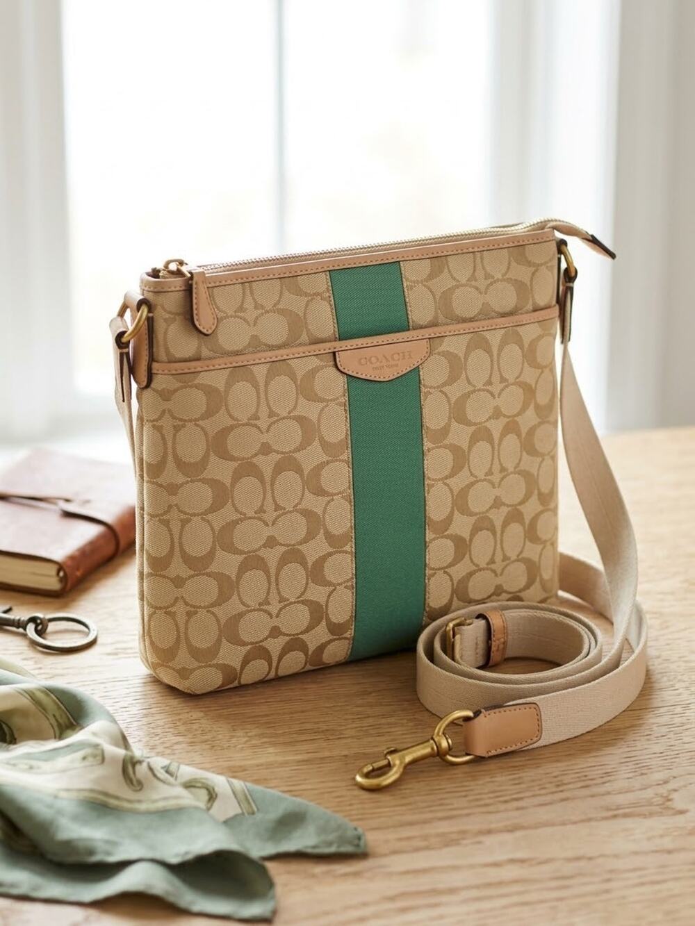 Y2K Coach Signature Stripe File Crossbody Bag Khaki Jade Green Canvas F28502